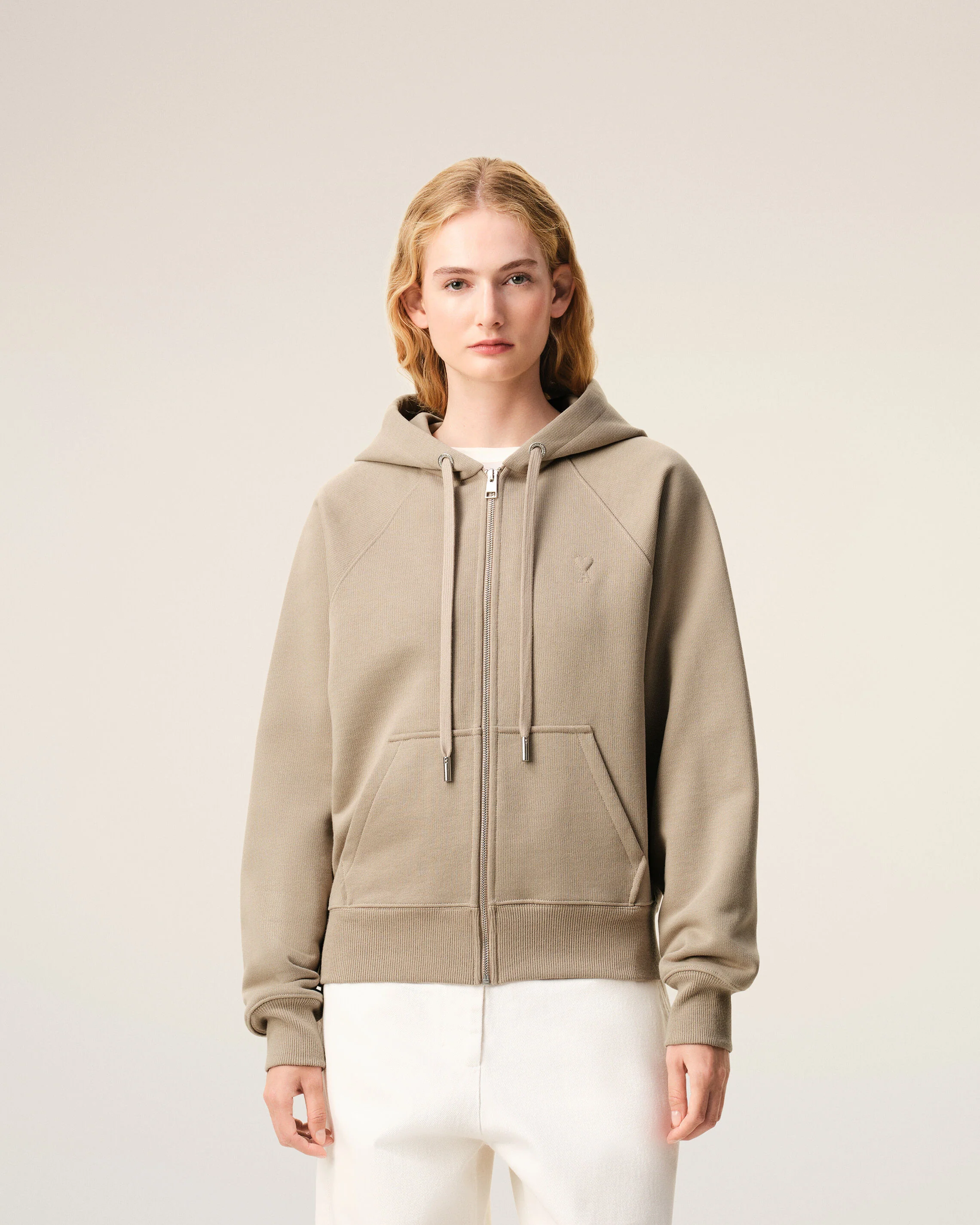 Hoodie Zippé Beige Ami De Coeur Embossé en Coton - Image 9