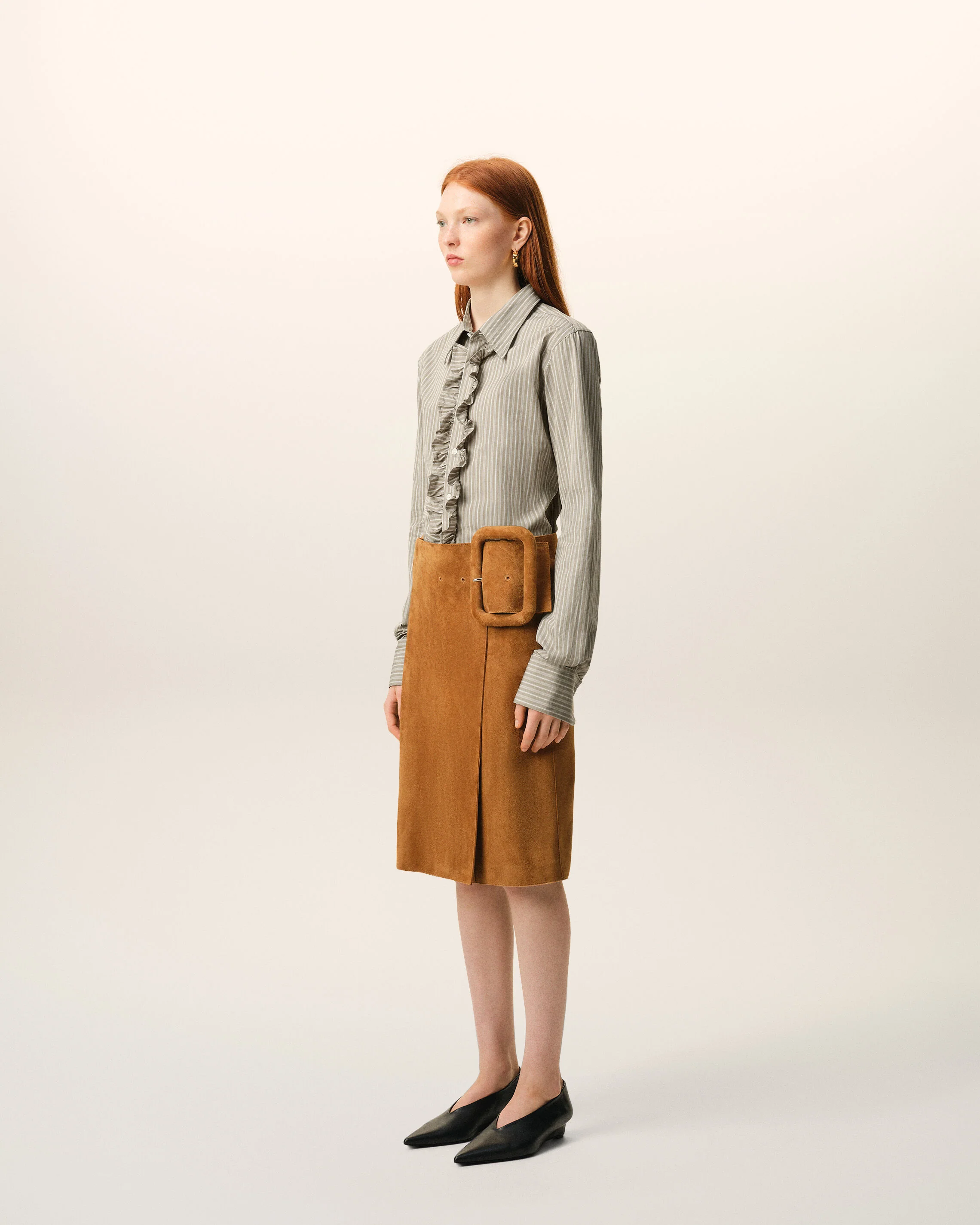 Chemise Jabot Beige Ajustée Manches Longues en Coton - Image 6