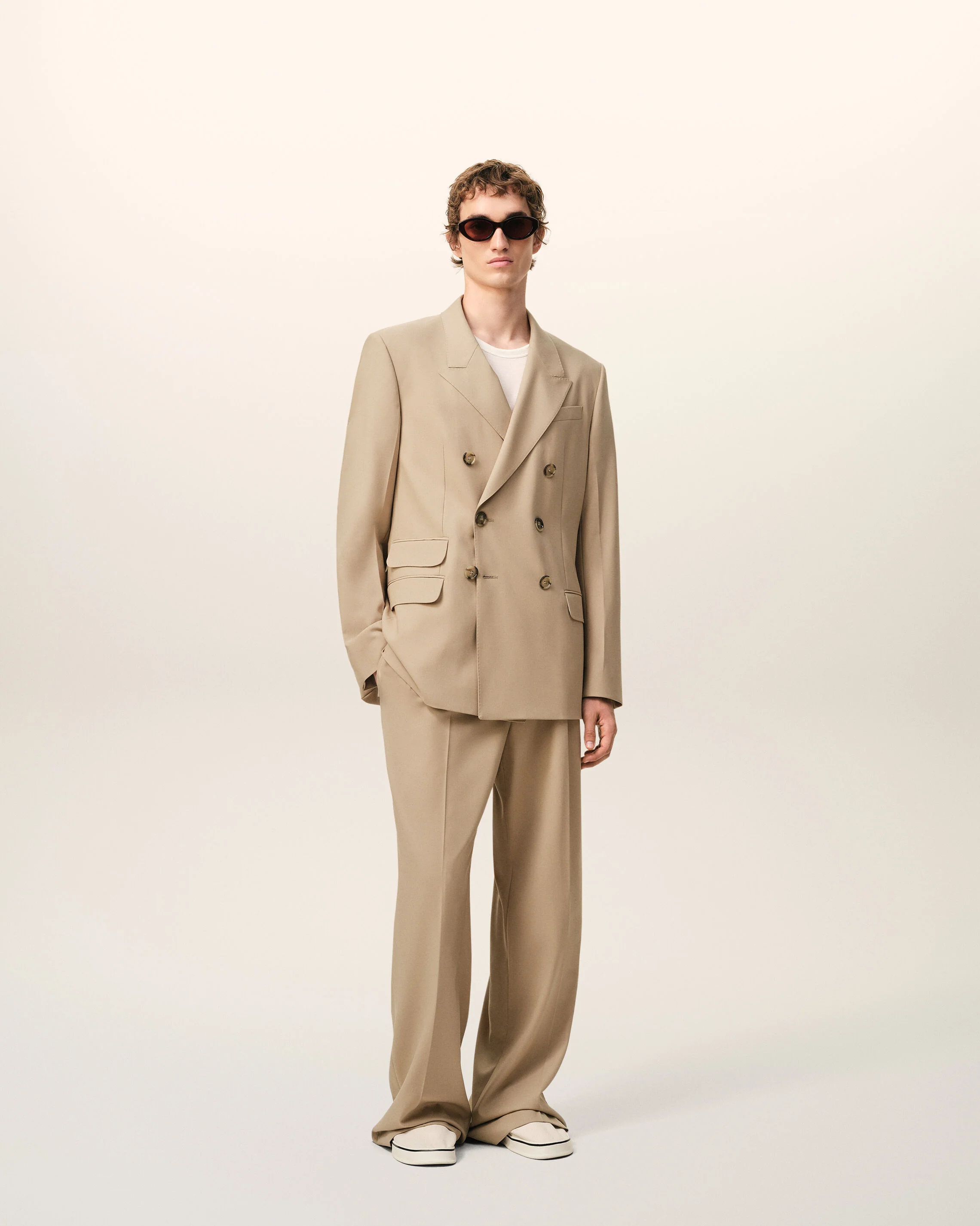 Veste Droite Double Boutonnage Beige en Laine Vierge - Image 2