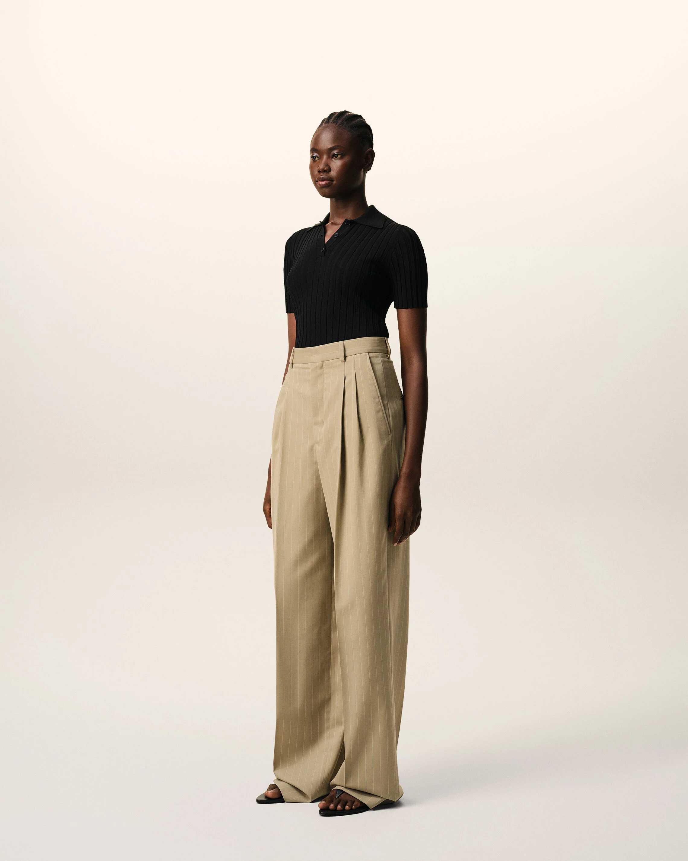 Pantalon Beige Large Taille Haute en Laine Vierge - Image 6