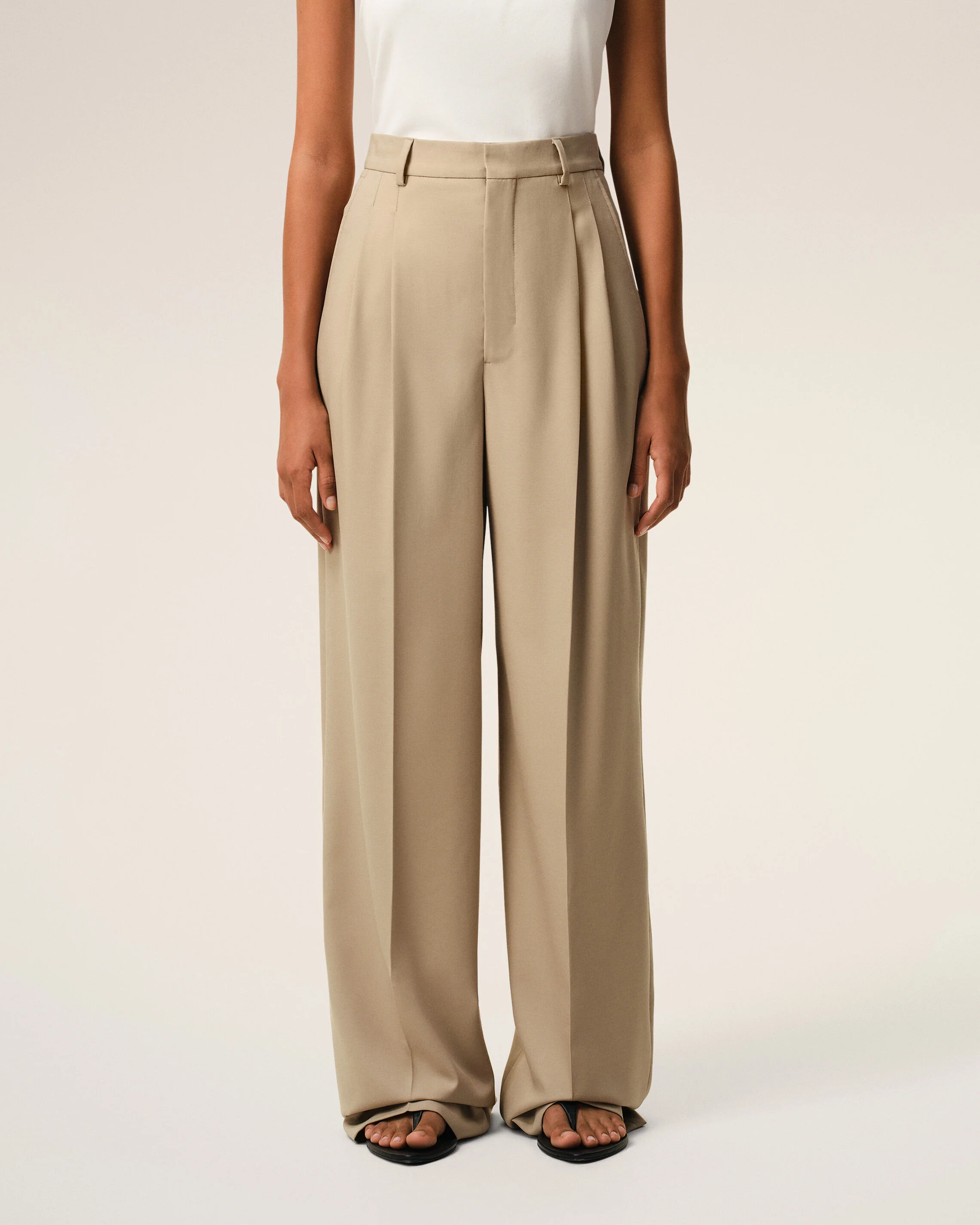 Pantalon Large Beige Taille Haute en Laine Vierge - Image 3