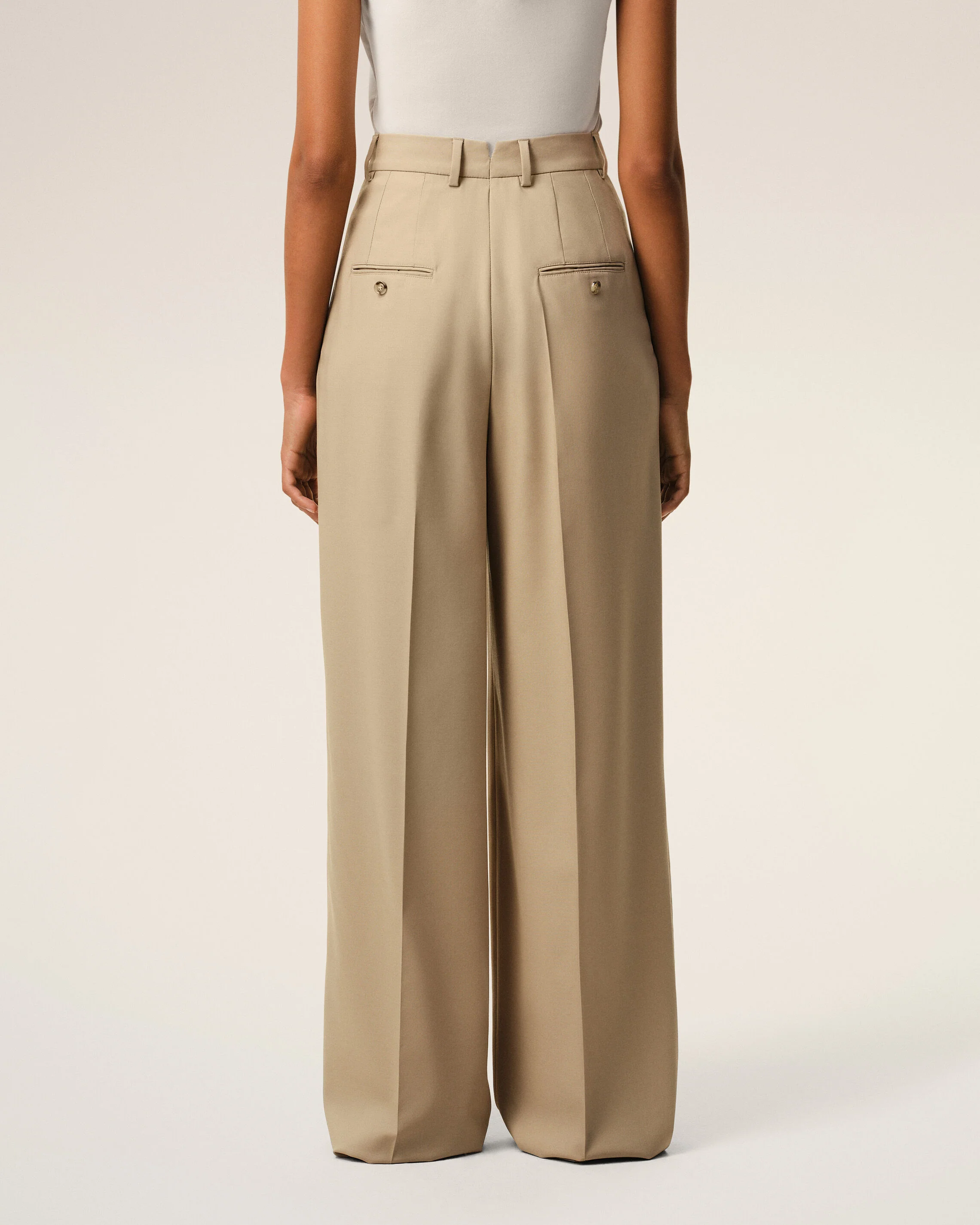 Pantalon Large Beige Taille Haute en Laine Vierge - Image 4