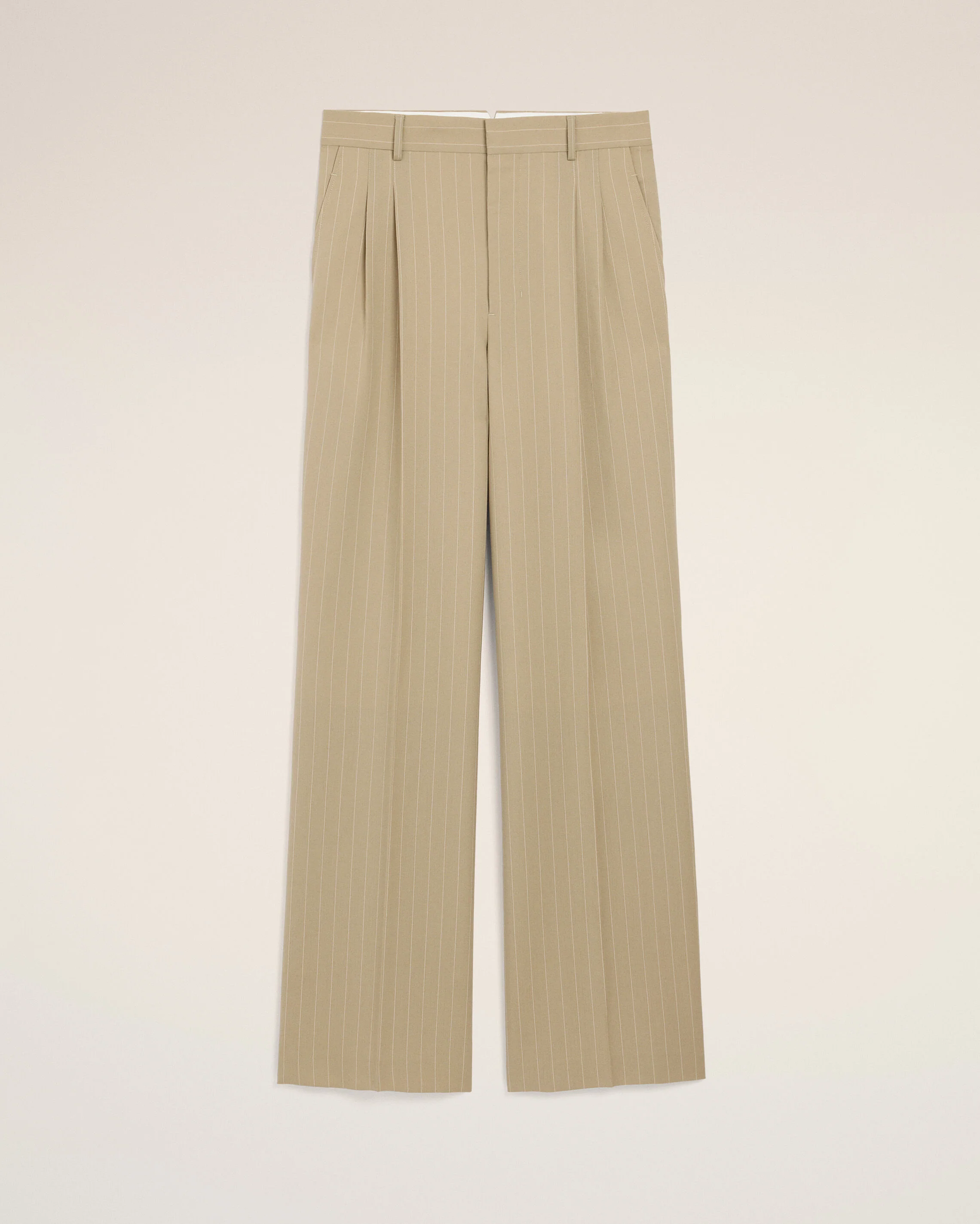 Pantalon Large Beige Taille Basse en Laine Vierge