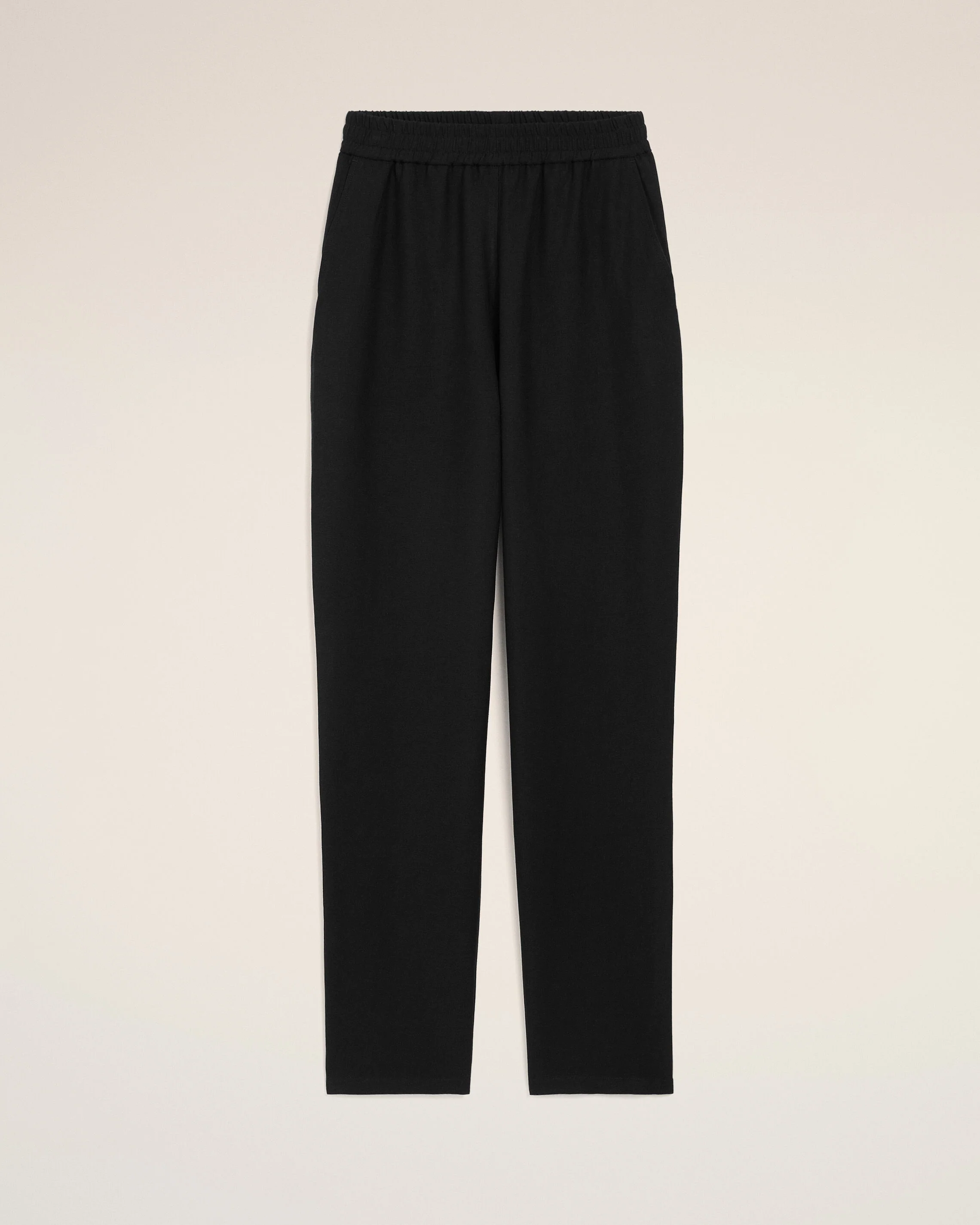Pantalon Noir Taille Elastiquée en Lin Mélangé