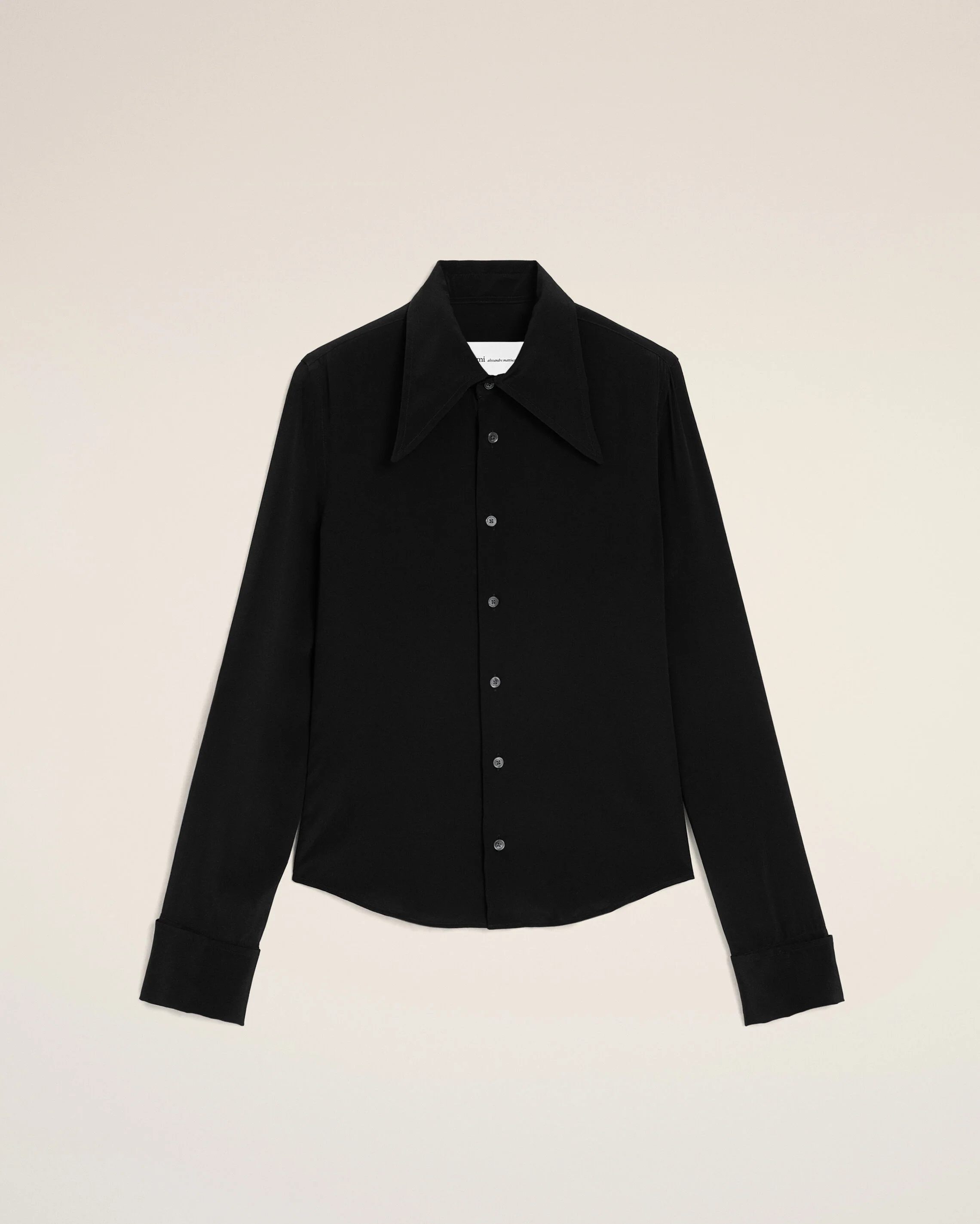 Chemise Ajustée Noire Col En Pointe en Soie Mélangée
