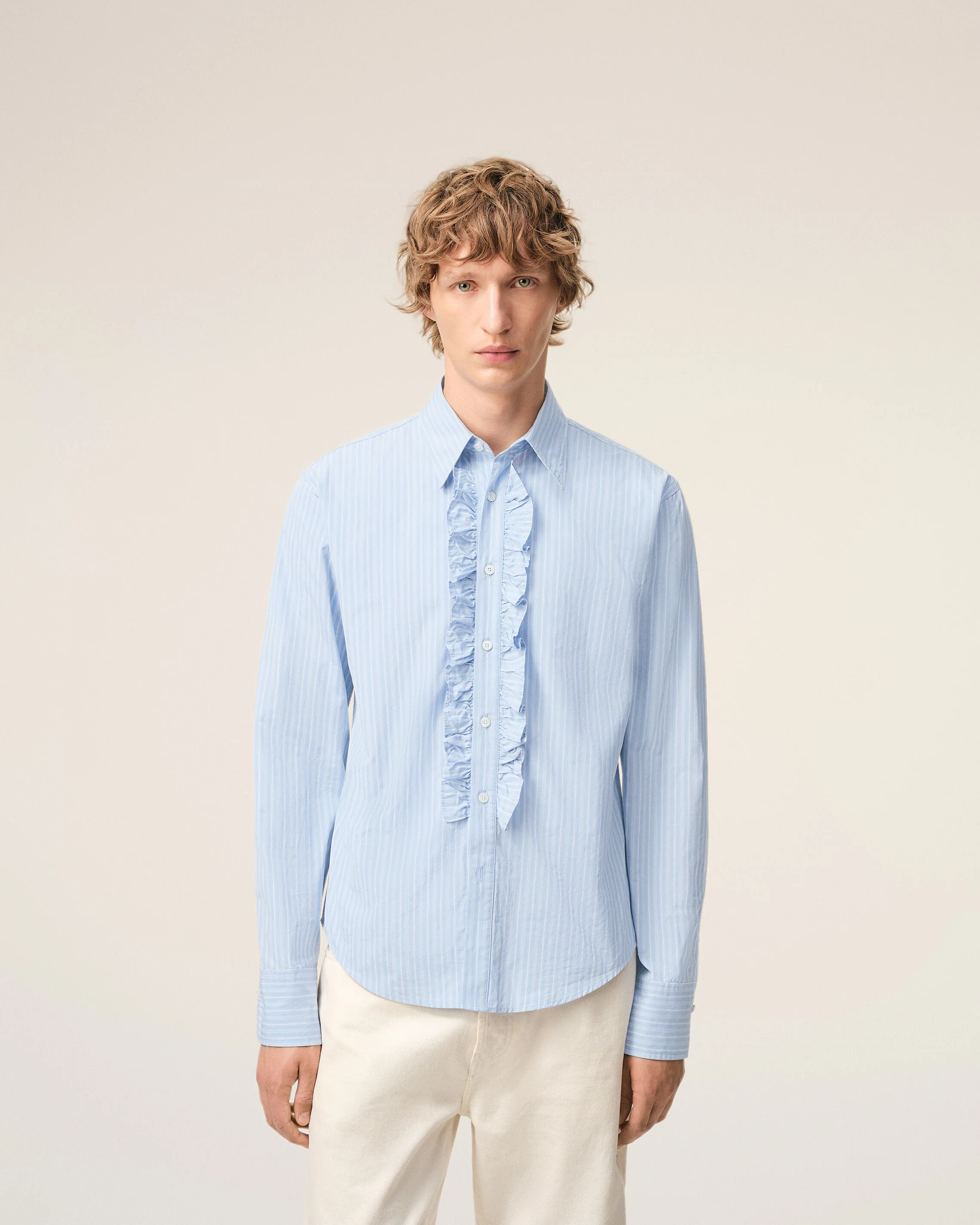 Chemise Jabot Bleue Ajustée Manches Longues en Coton - Image 3