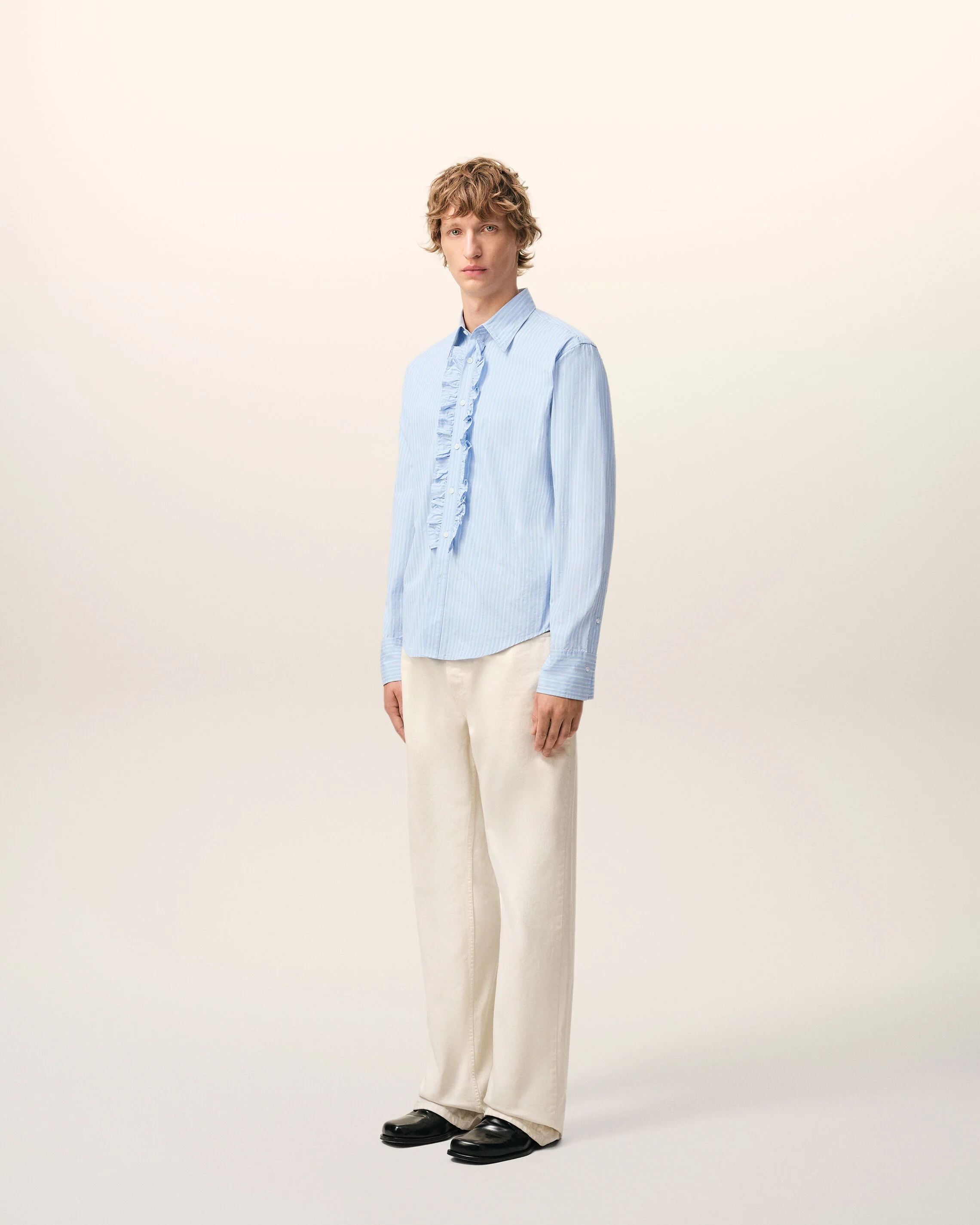 Chemise Jabot Bleue Ajustée Manches Longues en Coton - Image 6