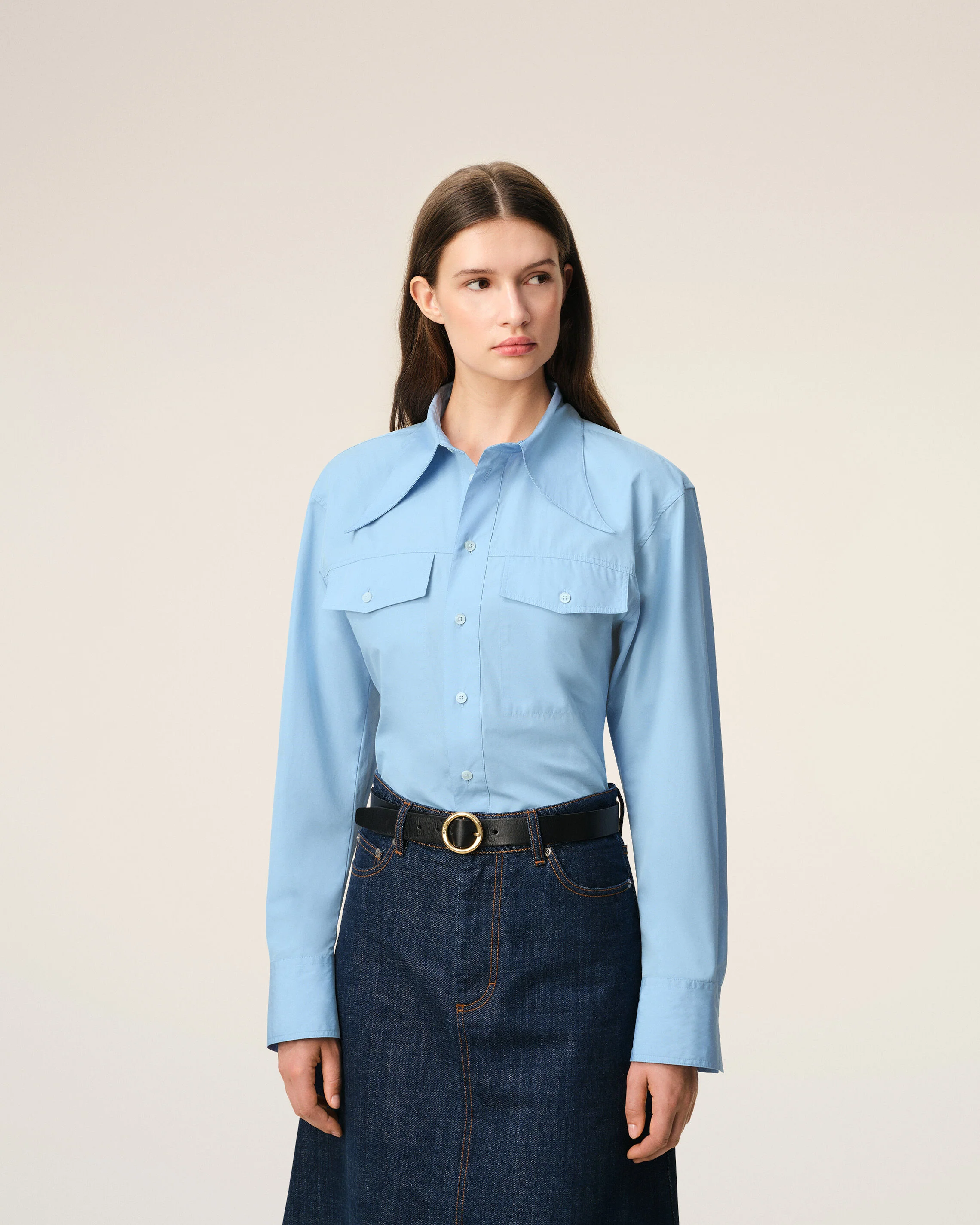 Chemise Cintrée Bleu Col En Pointe en Coton - Image 3