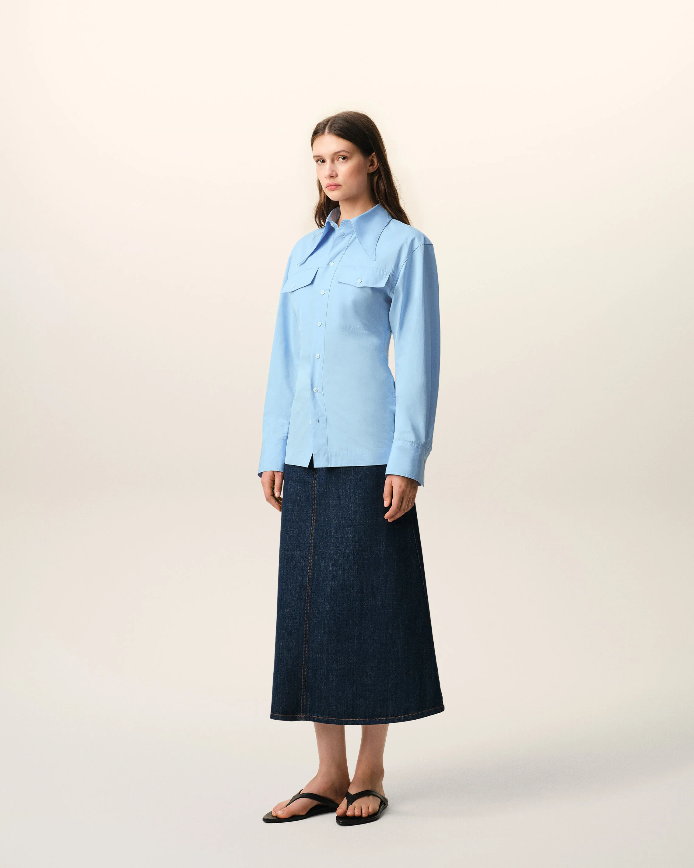 Chemise Cintrée Bleu Col En Pointe en Coton - Image 6