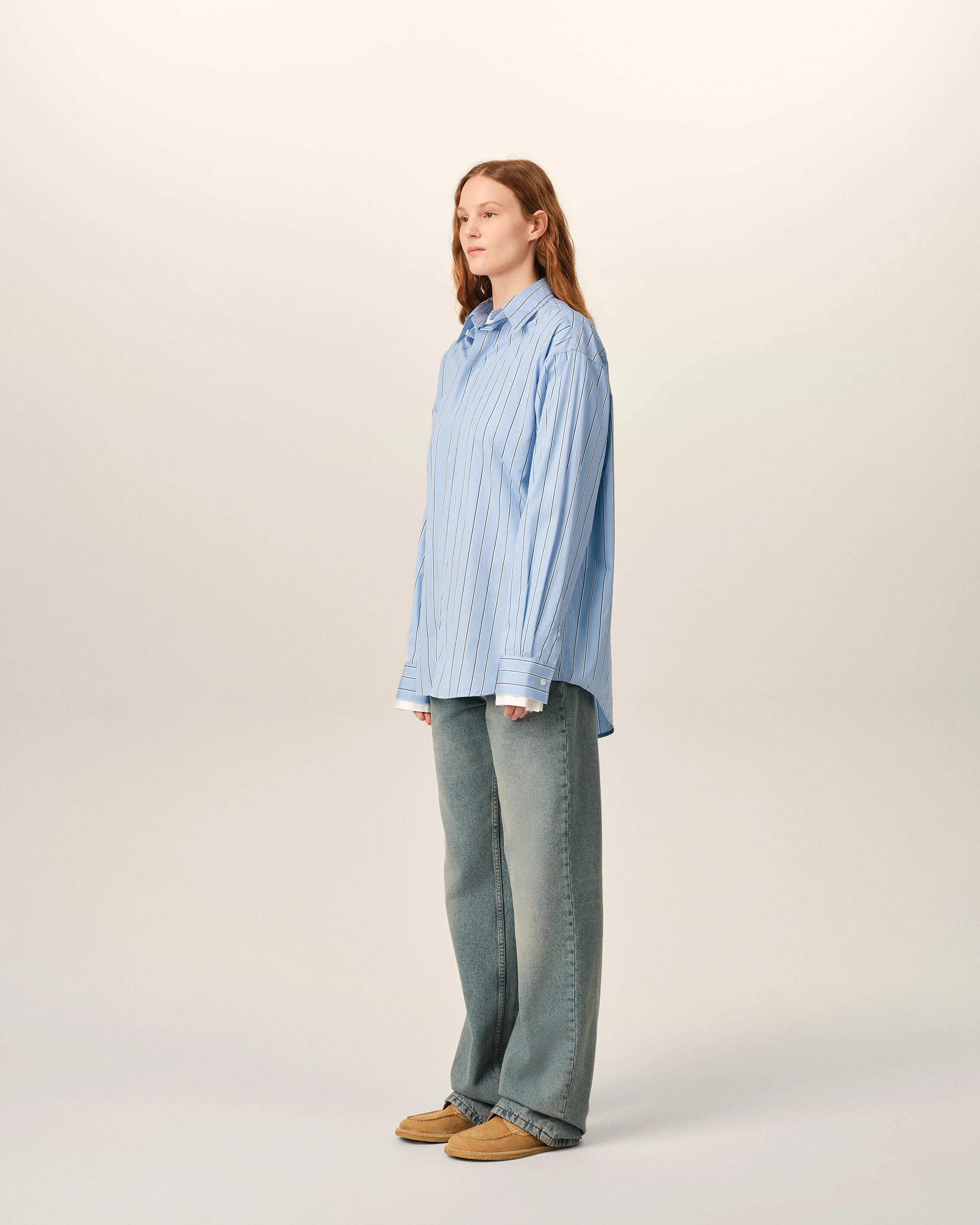 Chemise large rayée bleue en coton col amovible - Image 12