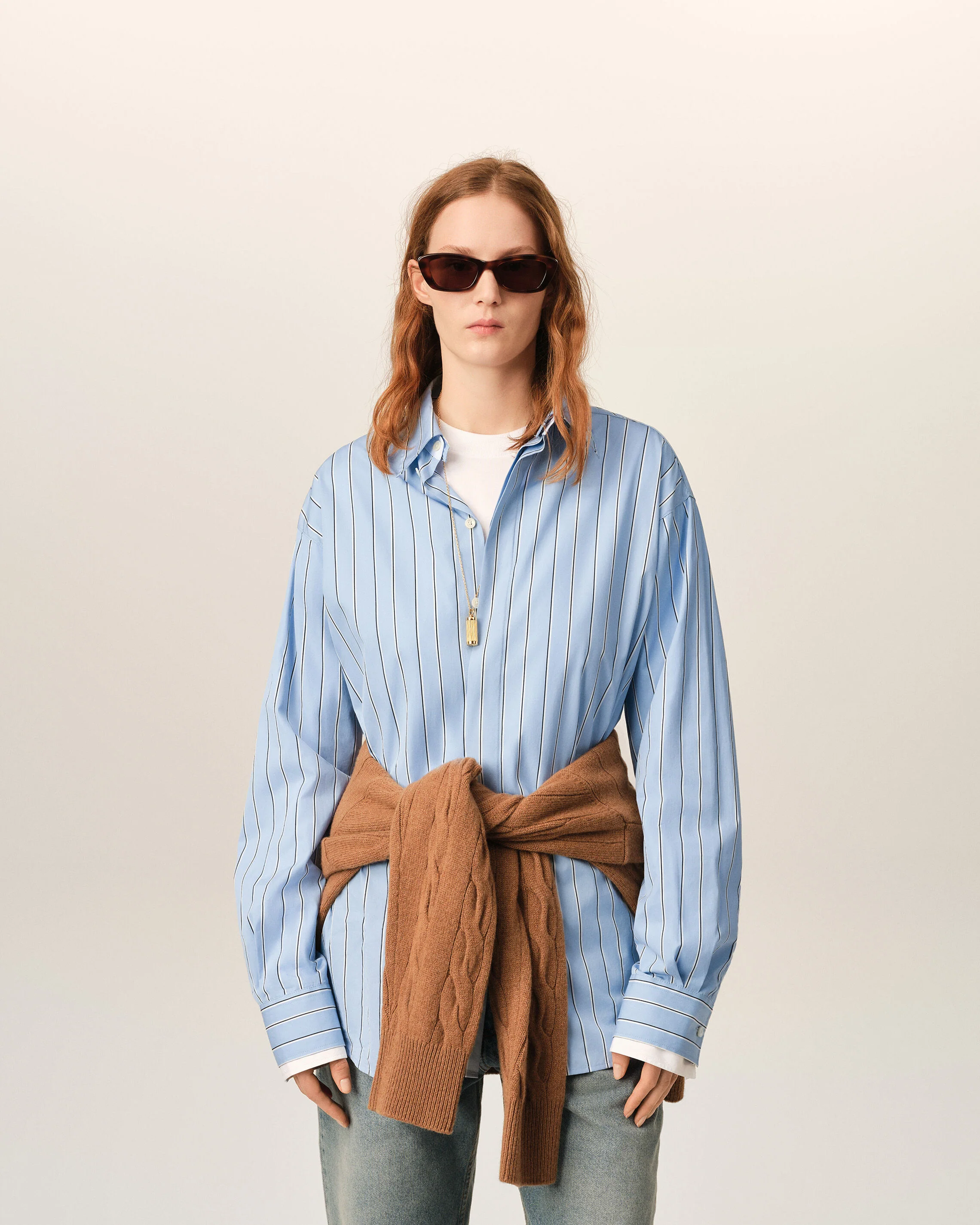 Chemise large rayée bleue en coton col amovible - Image 8