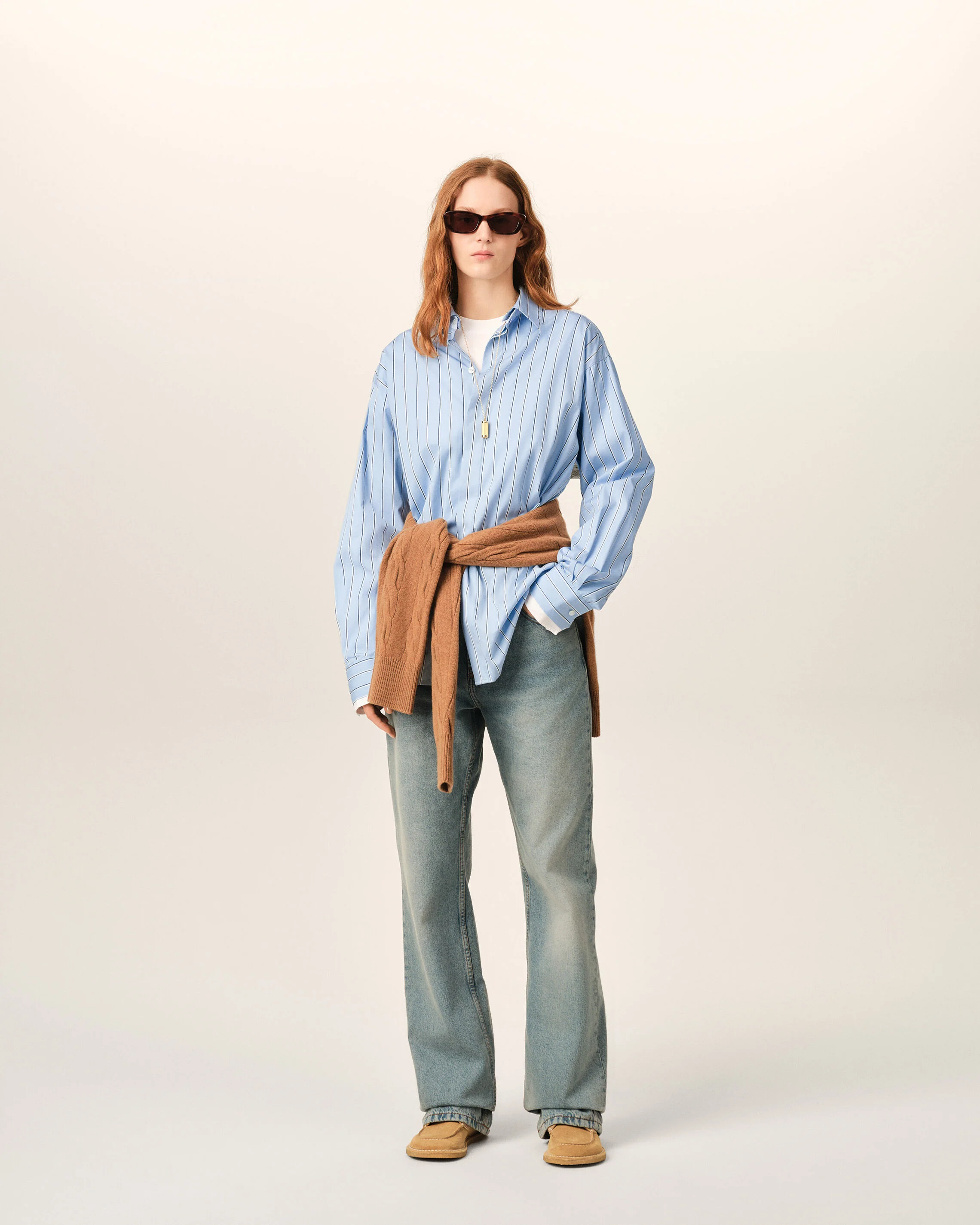 Chemise large rayée bleue en coton col amovible - Image 9