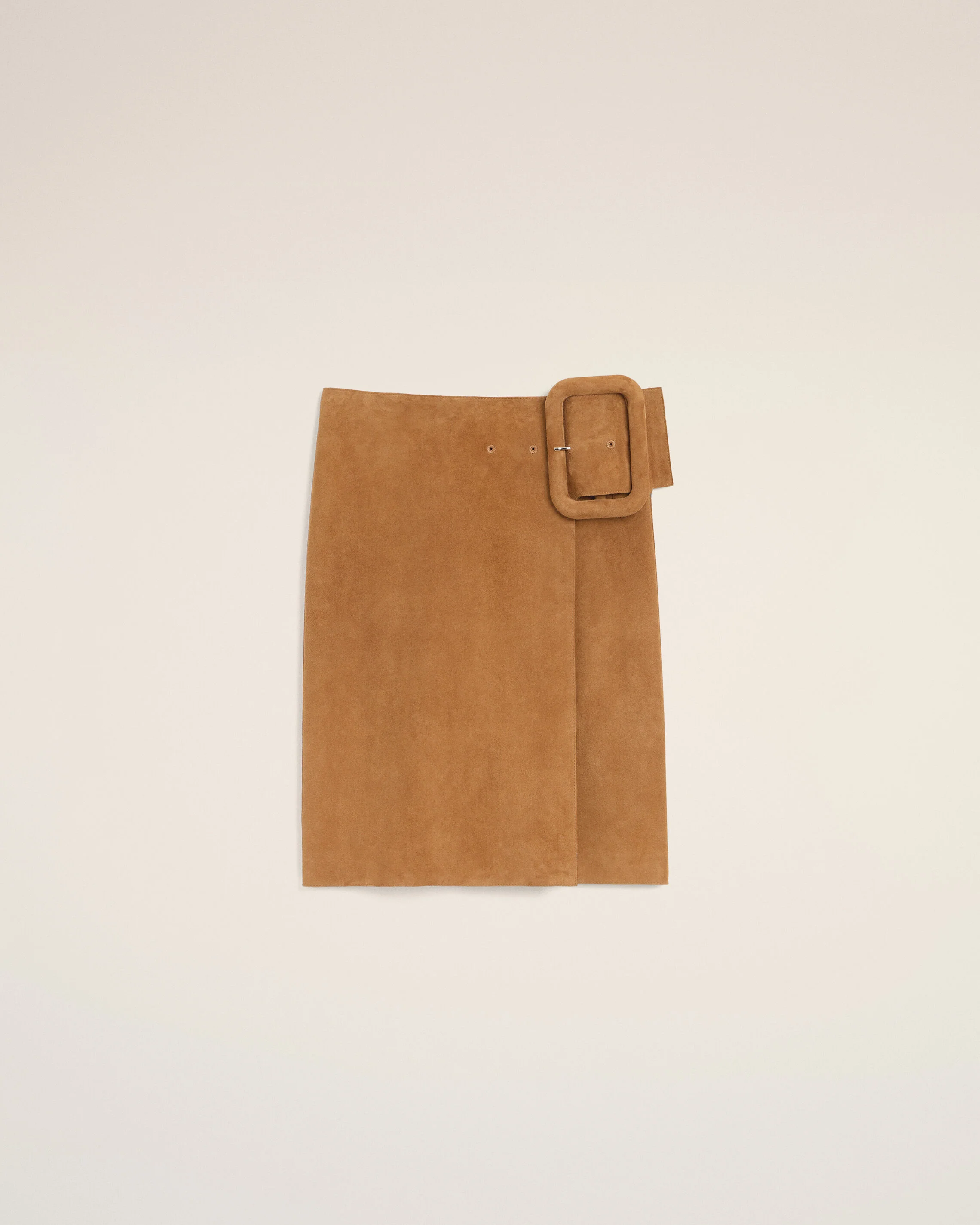 Jupe Midi Ceinture A Grosse Boucle Marron en Cuir de Chèvre