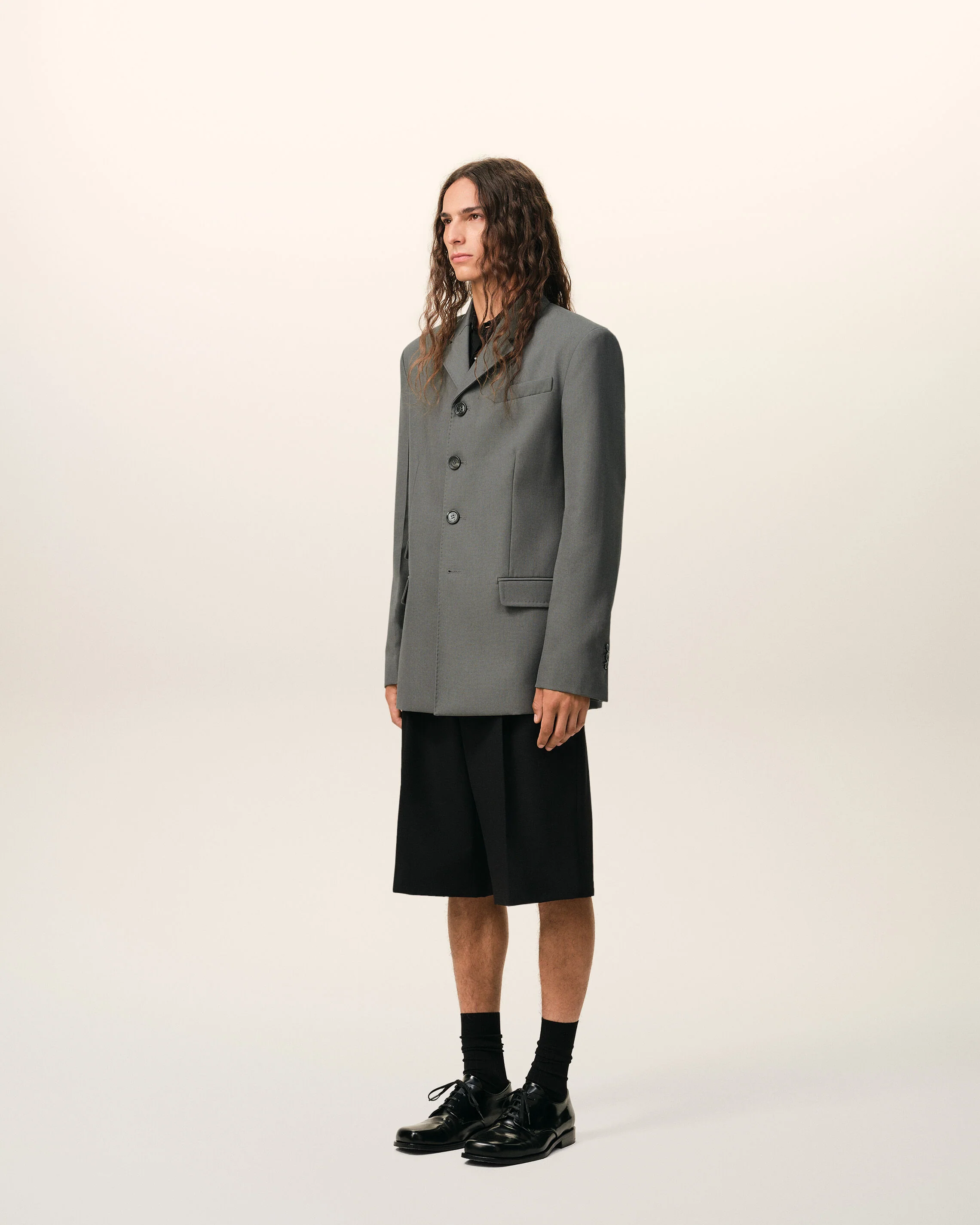 Veste Droite Simple Boutonnage Gris en Laine Vierge - Image 6
