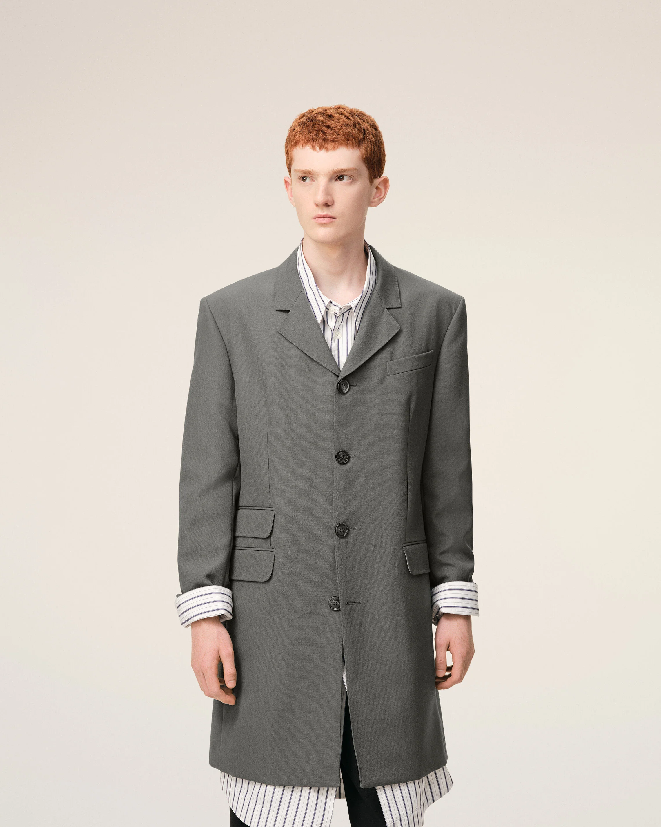 Blazer long Gris Droit Simple Boutonnage en Laine Vierge - Image 3