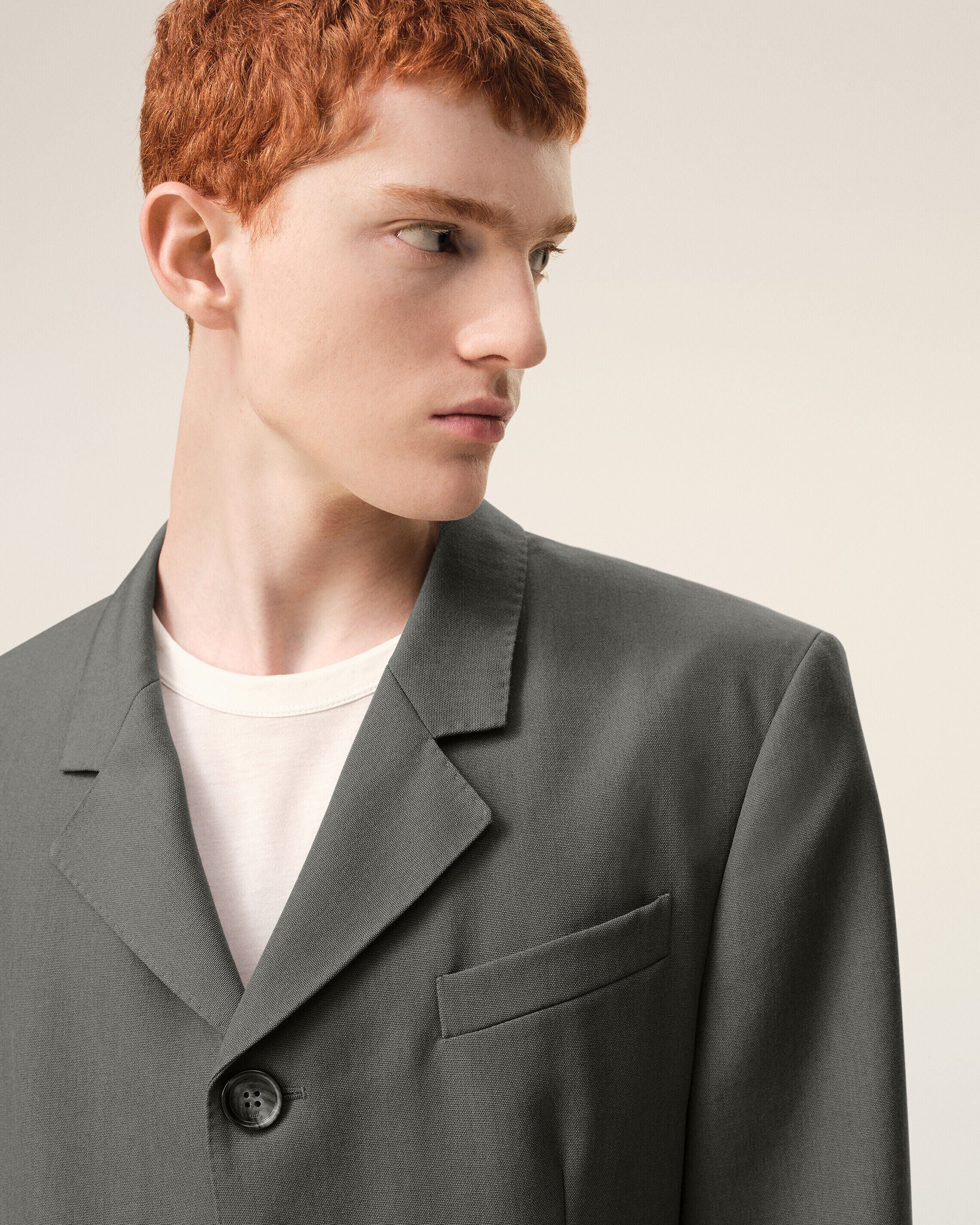 Blazer long Gris Droit Simple Boutonnage en Laine Vierge - Image 4