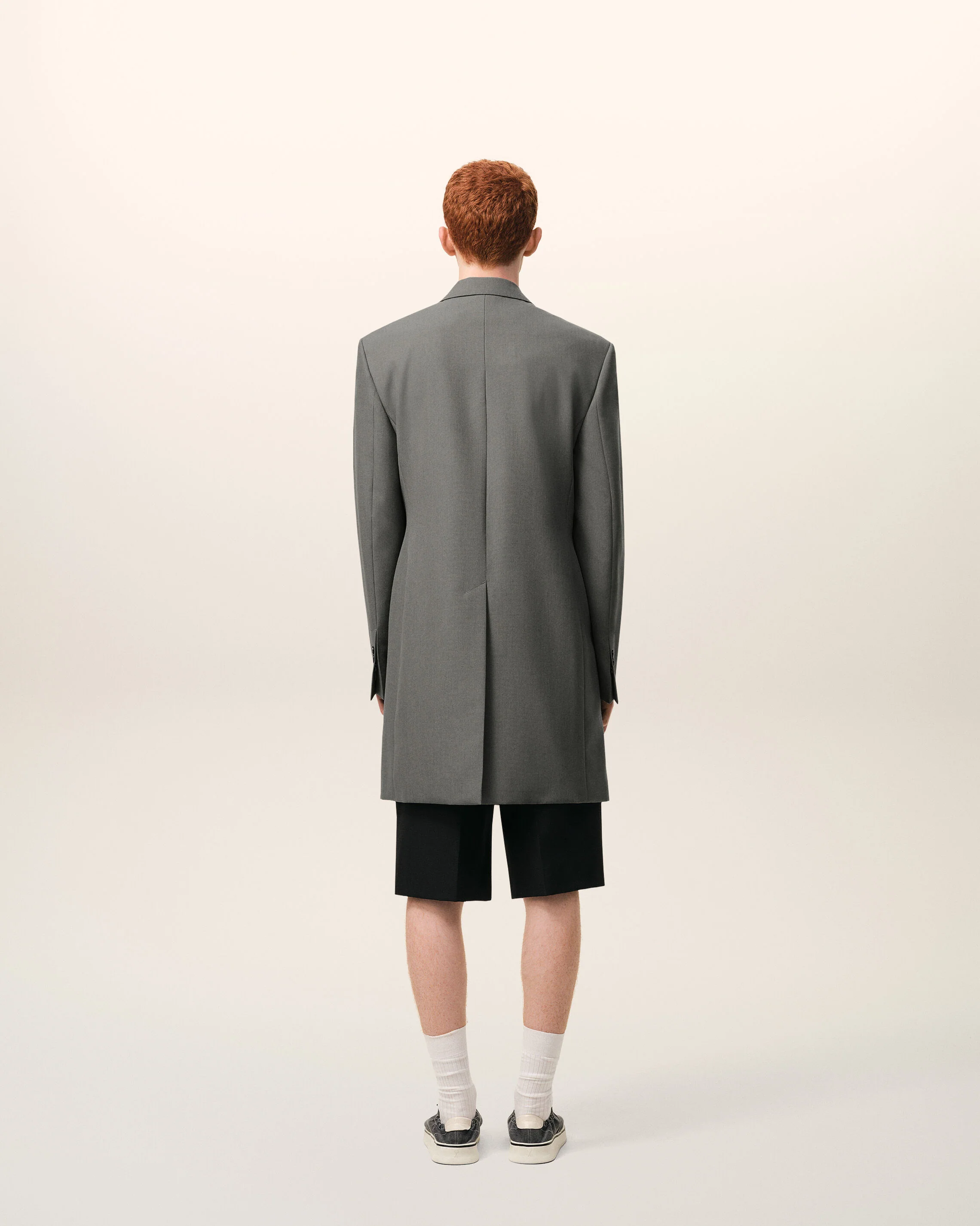 Blazer long Gris Droit Simple Boutonnage en Laine Vierge - Image 5