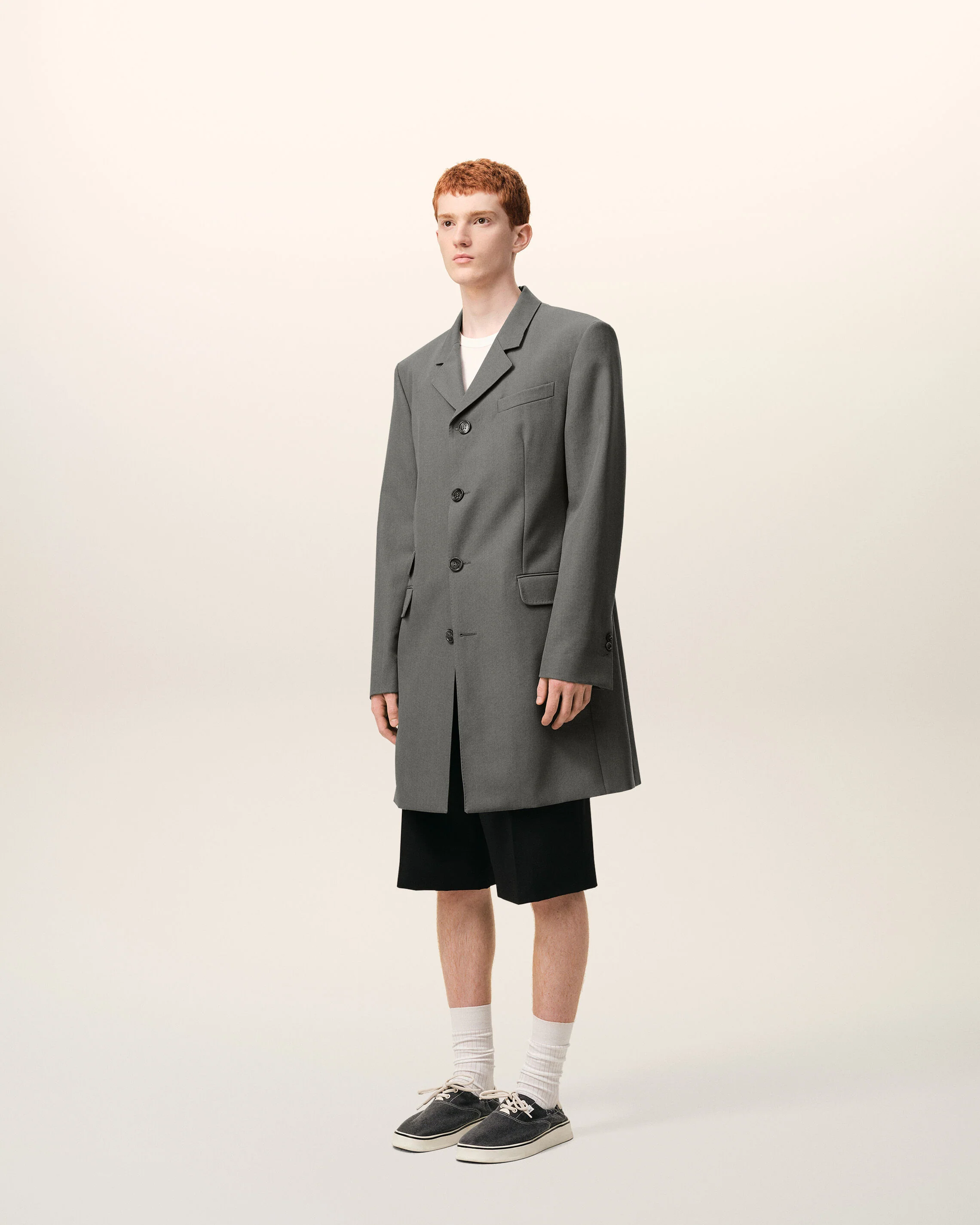 Blazer long Gris Droit Simple Boutonnage en Laine Vierge - Image 6