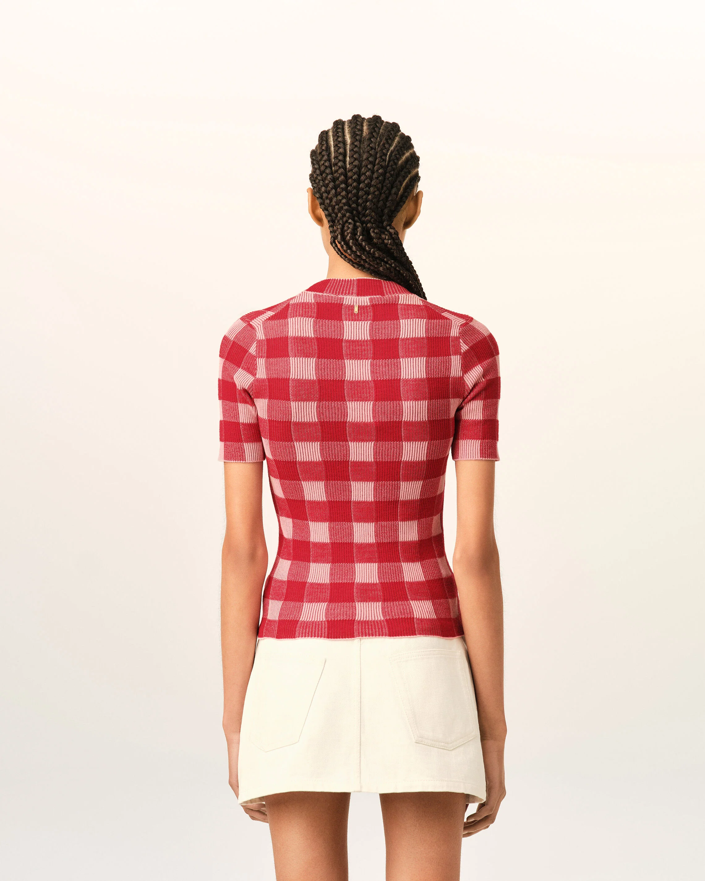 Pull rose Ă carreaux en laine et coton manches courtes - Image 5