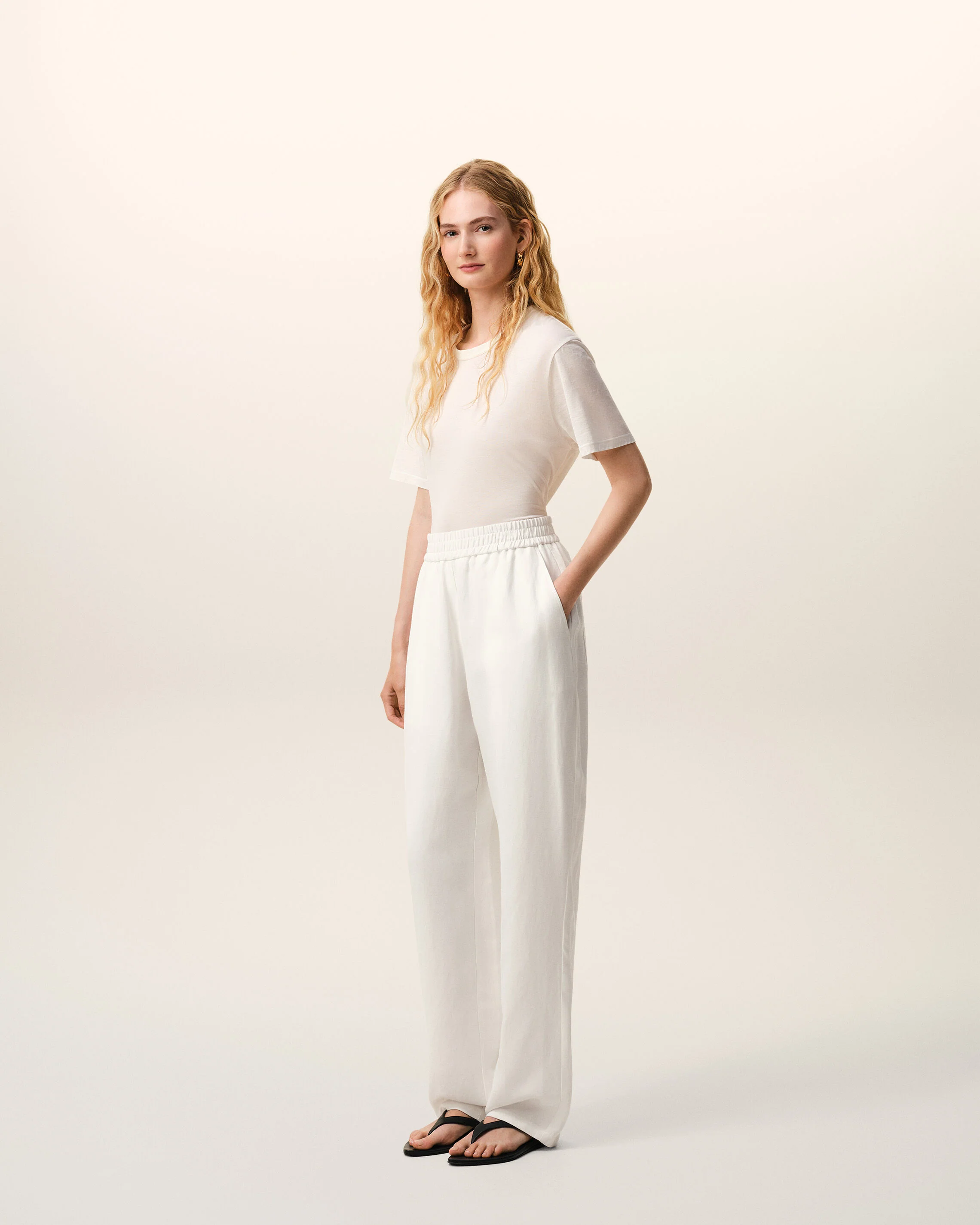Pantalon Blanc Taille Elastiquée en Lin Mélangé - Image 6
