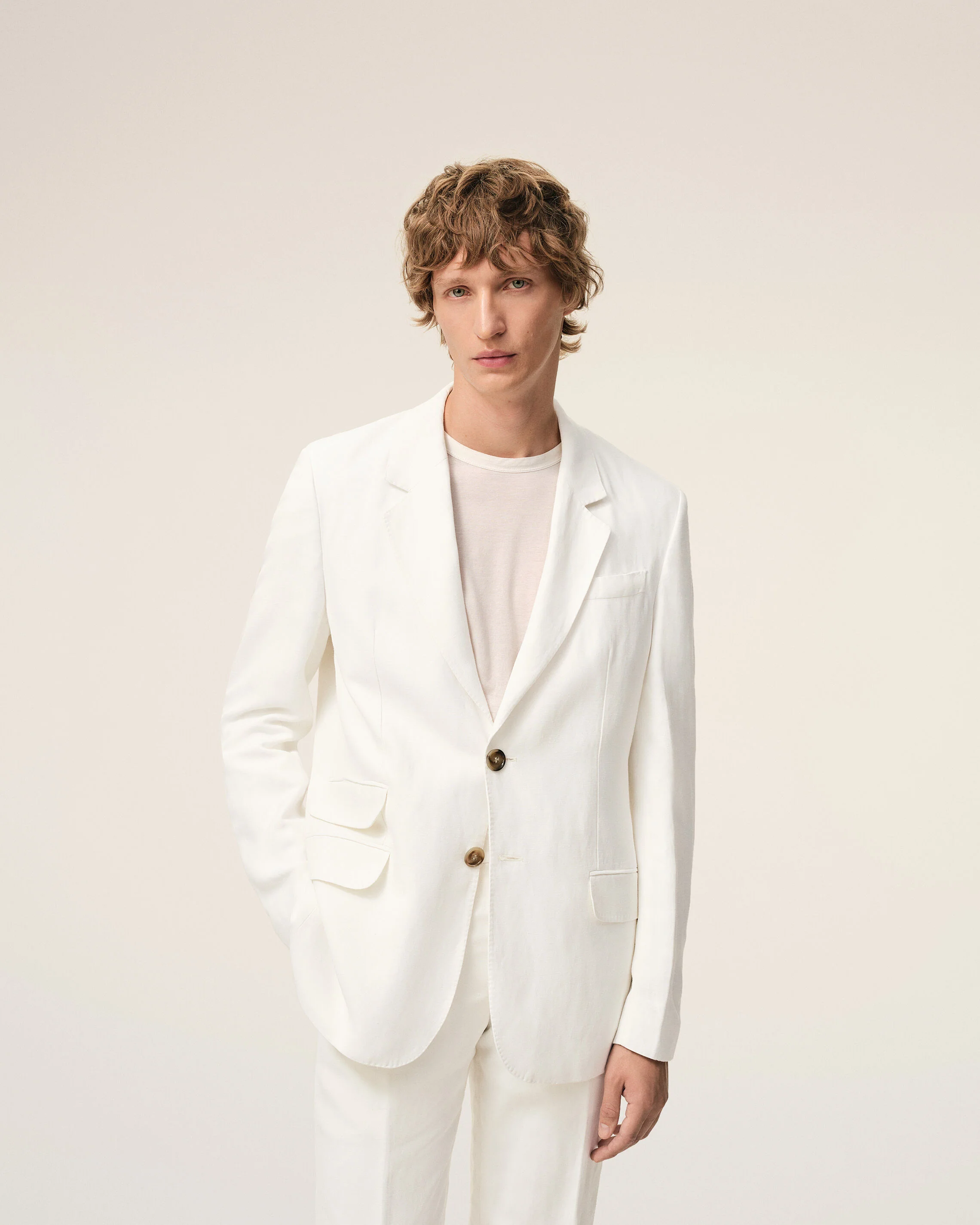Veste Droite Simple Boutonnage Blanche en Lin Mélangé - Image 3
